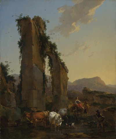 Peasants with Cattle by a Ruined Aqueduct by Nicolaes Pietersz. Berchem